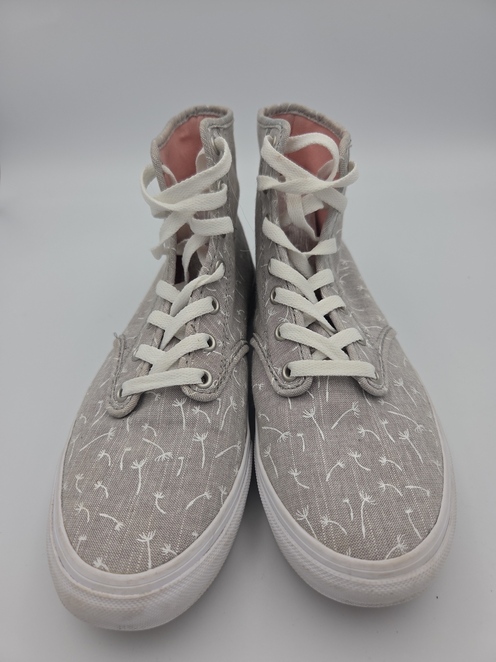 Vans Women's High-Top Canvas Sneakers in Light Gray with White Dandelion Print